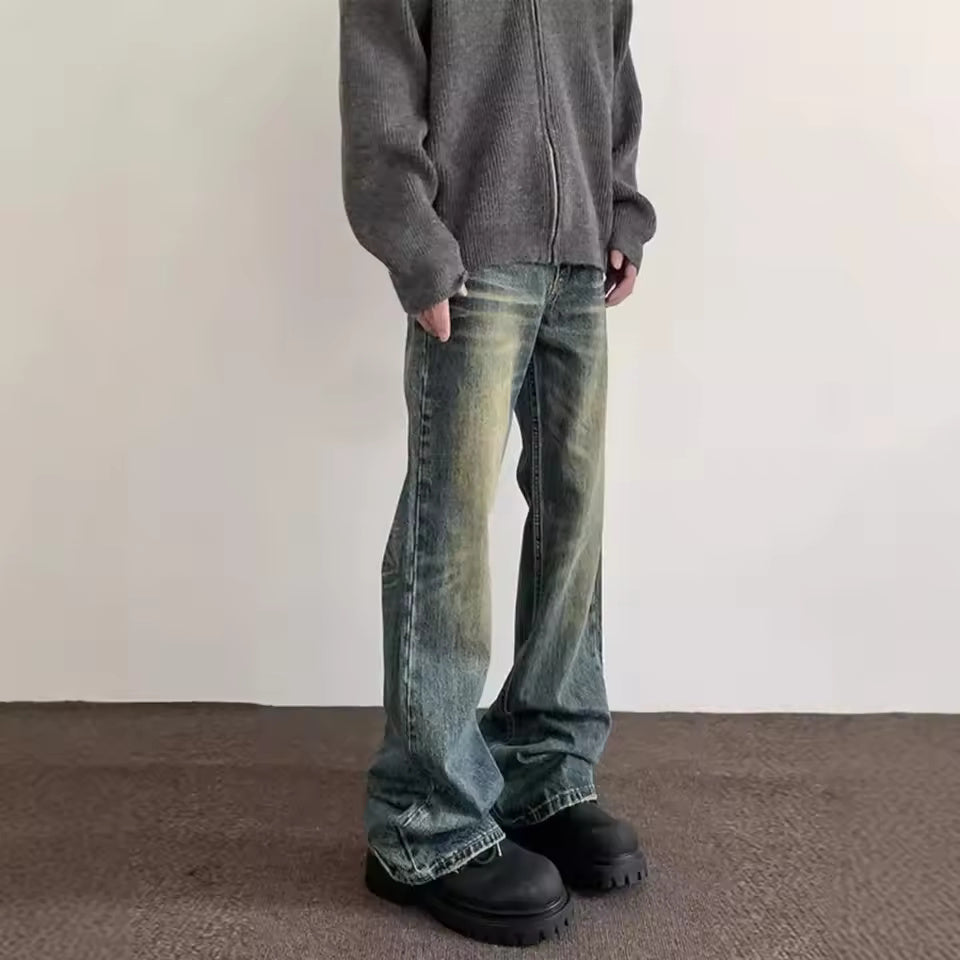Vintage American Style Men's Straight-Leg Slimming Long Jeans Distressed Washing Denim Pants Trendy Brand Bootcut Pants
