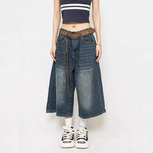 Retro Hong Kong Style Distressed Seven-Foot Jeans Loose Straight Leg Wide Leg Men's Summer American Street Design Sense Denim Pa